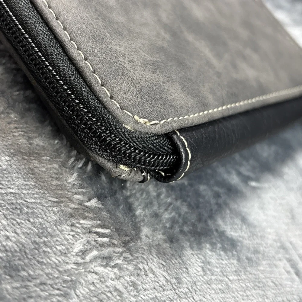 BOC Mineral Blue Gray Zip-Around Clutch Wallet Wristlet‎ Suede Pebbled Leather